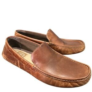 LB Evans Alton Mens 10 M Brown Leather‎ Moc Faux Fur Lined Driving Loafers Cozy